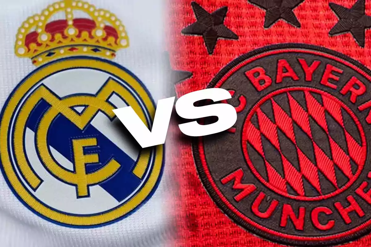 Real Madrid and Bayern Munich football team crests facing each other.