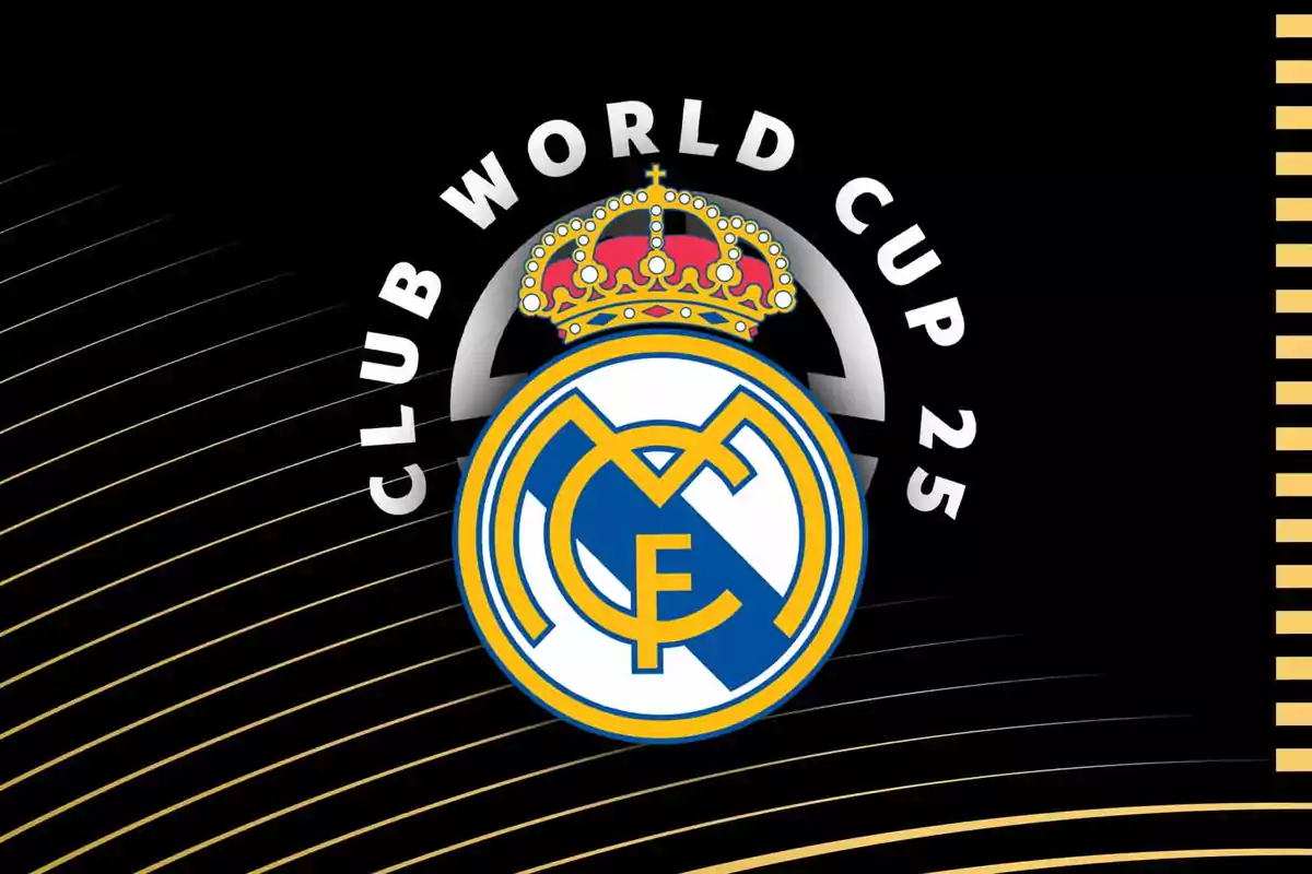 Real Madrid emblem with the inscription "Club World Cup 25" on a black background with gold lines.