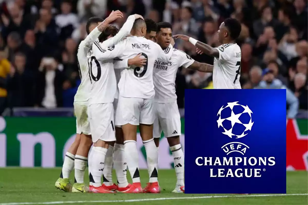 Football players celebrating on the field with the UEFA Champions League logo superimposed.