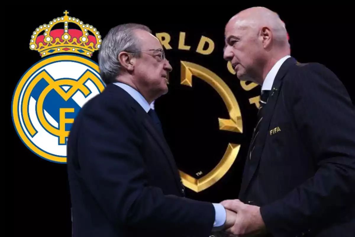 Dos hombres de traje se dan la mano frente a los logotipos del Real Madrid y de la FIFA.