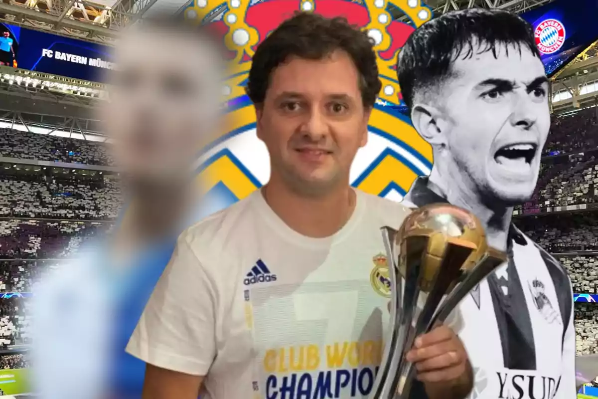 Un hombre con una camiseta del Real Madrid sostiene un trofeo en un estadio con un fondo que incluye el escudo del equipo y una imagen en blanco y negro de un jugador.