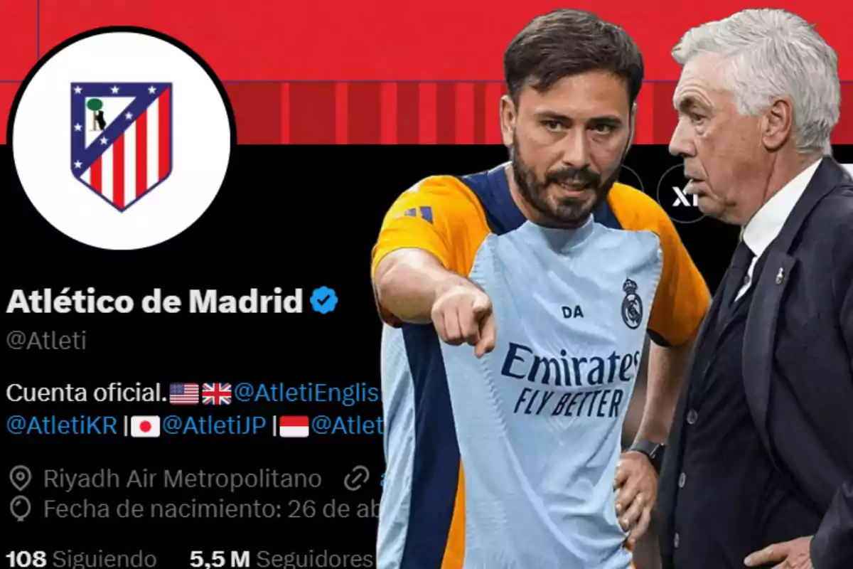 Una imagen que muestra el perfil de Twitter del Atlético de Madrid con su logo y nombre, junto a dos personas, una de ellas con una camiseta de entrenamiento del Real Madrid, en un fondo rojo y negro.