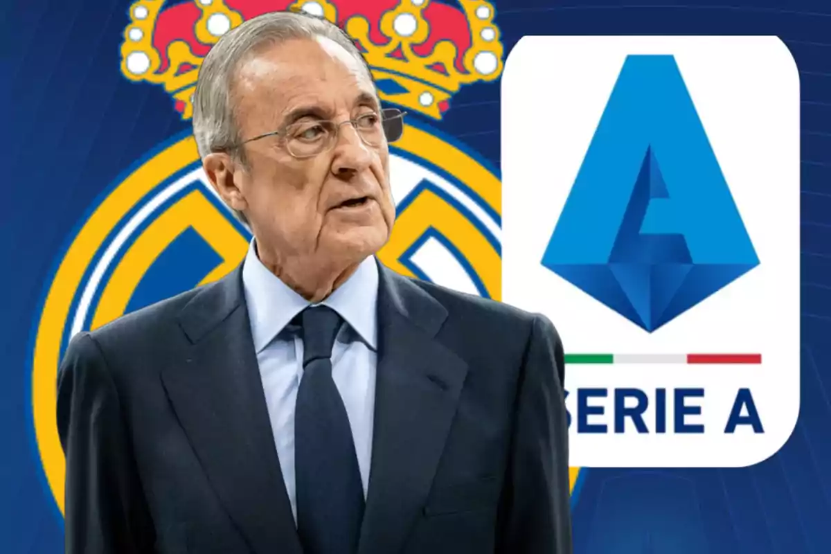 Un hombre con traje oscuro está frente a un fondo que muestra el escudo de un equipo de fútbol y el logo de la Serie A.