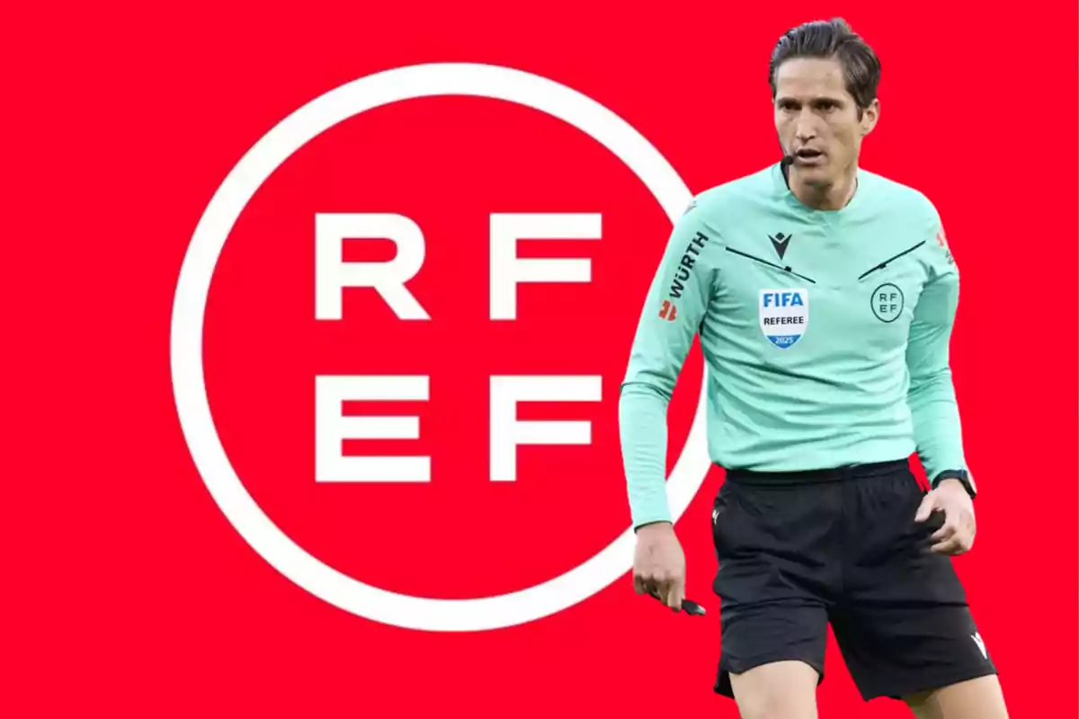 Soccer referee in light green uniform in front of the RFEF logo on a red background.