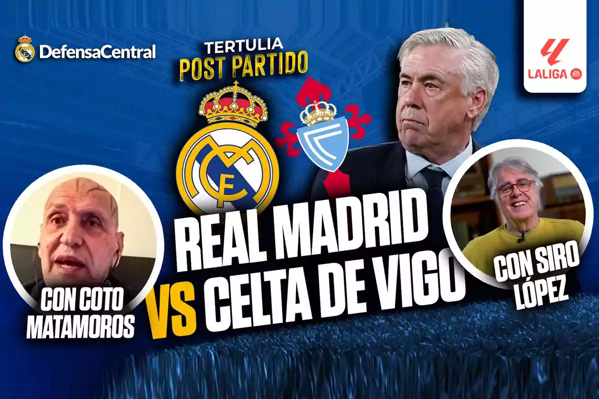 Post-match discussion between Real Madrid and Celta de Vigo with the participation of two commentators.