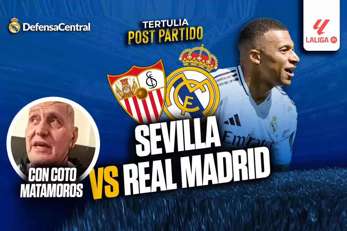 Post-match gathering between Sevilla and Real Madrid with Coto Matamoros on Defensa Central.
