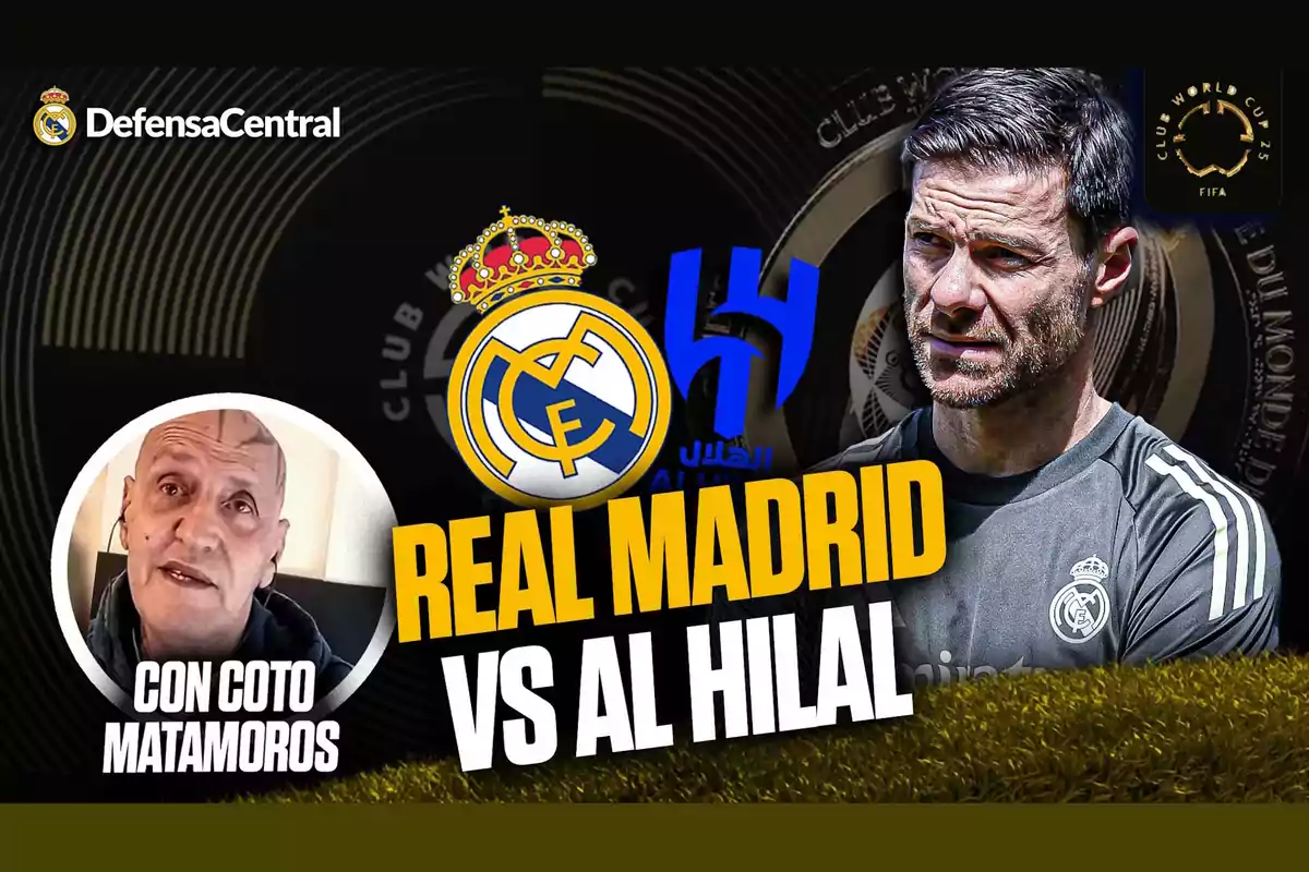 Imagen promocional de un partido entre Real Madrid y Al Hilal con los escudos de ambos equipos, un hombre calvo en un círculo pequeño a la izquierda con el texto "Con Coto Matamoros", y un hombre con camiseta de entrenamiento del Real Madrid a la derecha, junto al logo de la Copa Mundial de Clubes de la FIFA y el nombre DefensaCentral en la esquina superior izquierda.