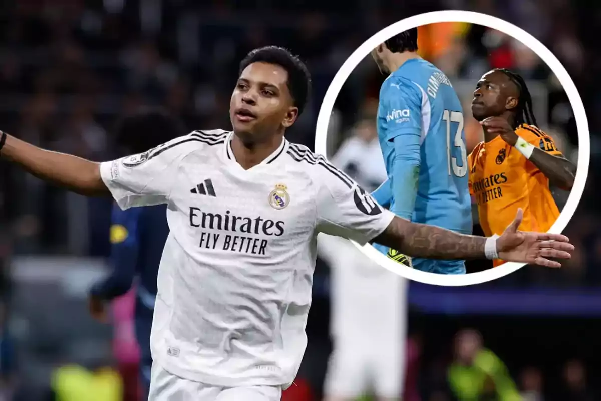 A Real Madrid football player celebrating on the field with an inserted image of another player in an orange uniform interacting with a goalkeeper.