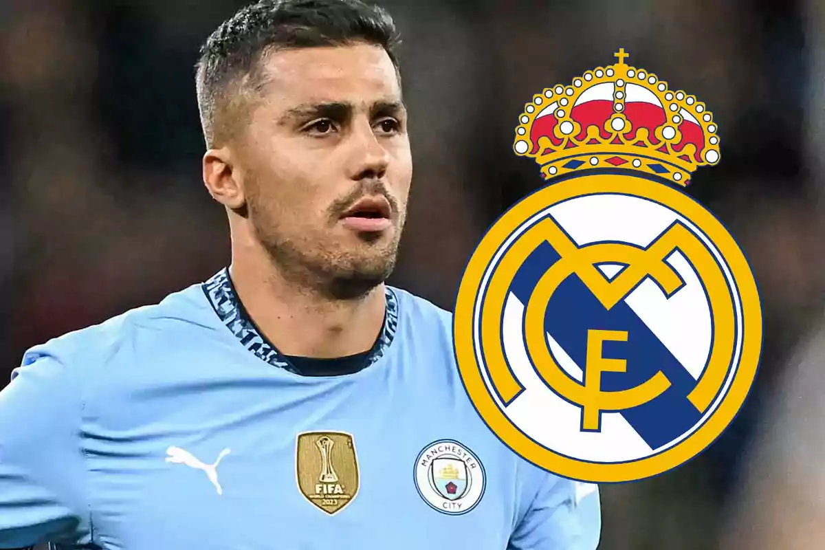 Soccer player wearing a Manchester City jersey with the Real Madrid crest next to him