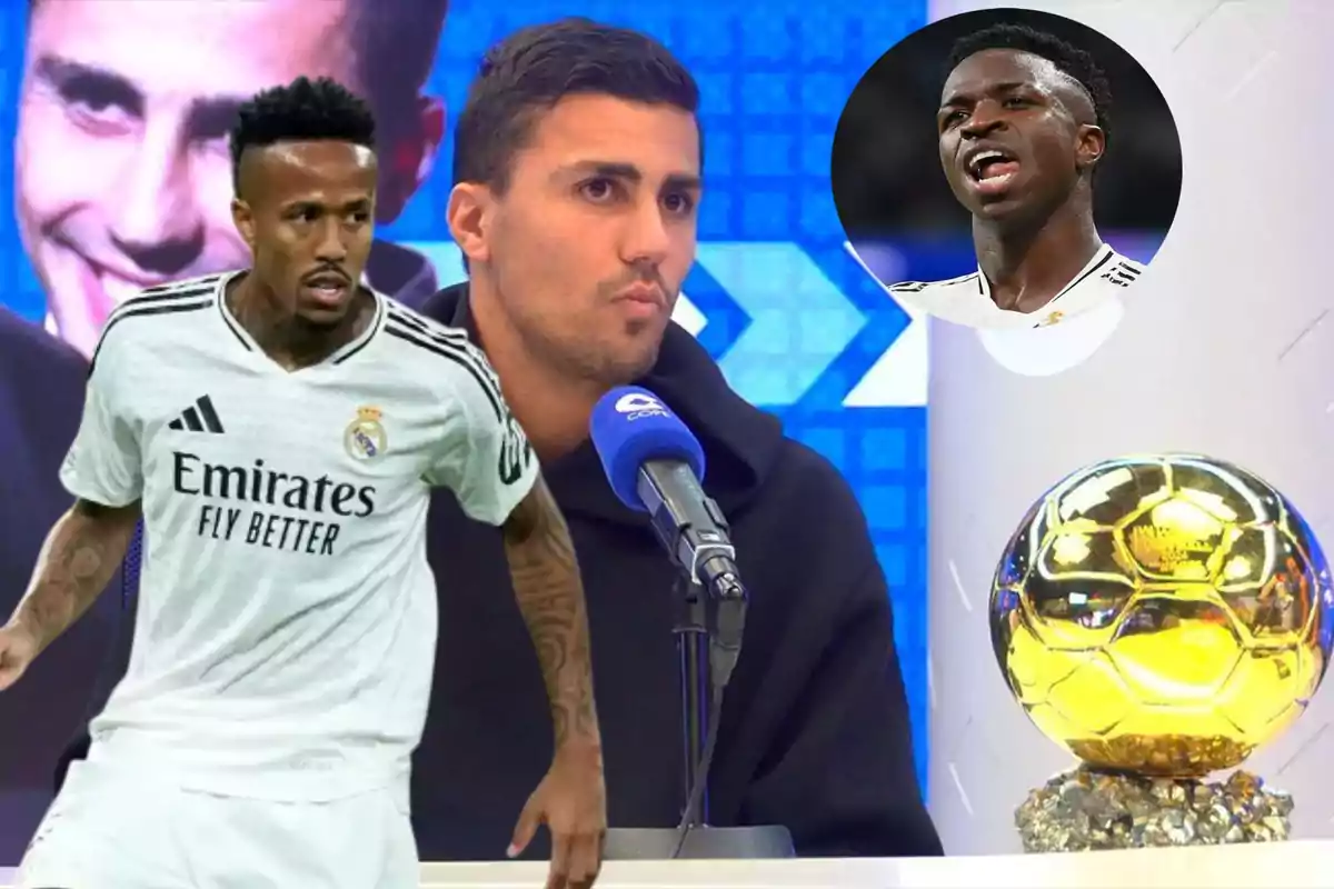 Jugadores de fútbol del Real Madrid junto a un trofeo dorado y un hombre hablando en un micrófono.