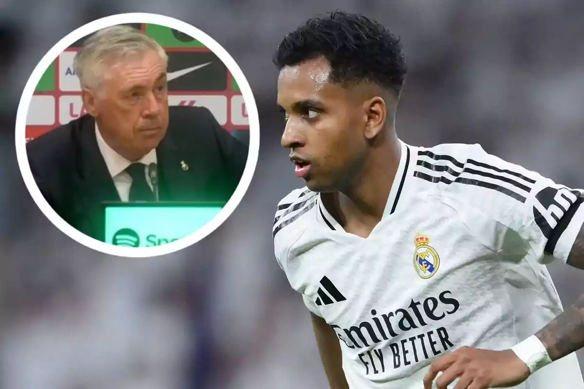 A player from Real Madrid on the field with a coach at a press conference in an inset.