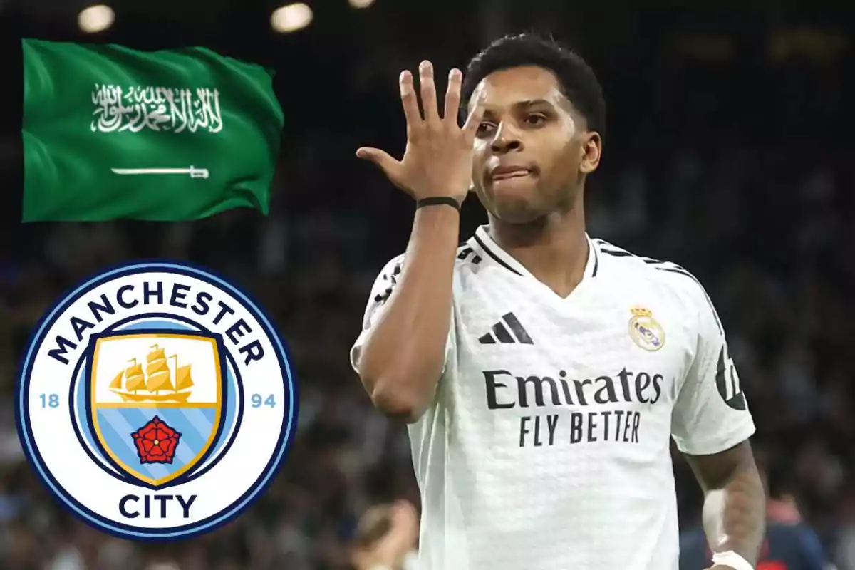 A player from Real Madrid celebrates by raising his hand, with a Saudi Arabian flag and the Manchester City logo in the background.