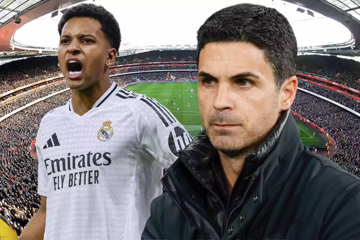 A player wearing a Real Madrid jersey and a man in a dark jacket are in a stadium full of spectators.