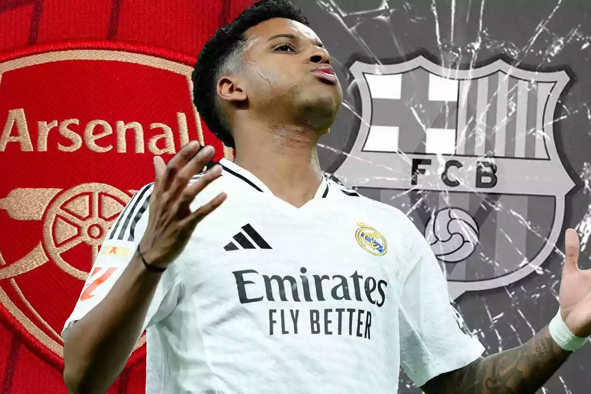 A player wearing a Real Madrid jersey appears in the foreground with the Arsenal and Barcelona logos in the background.