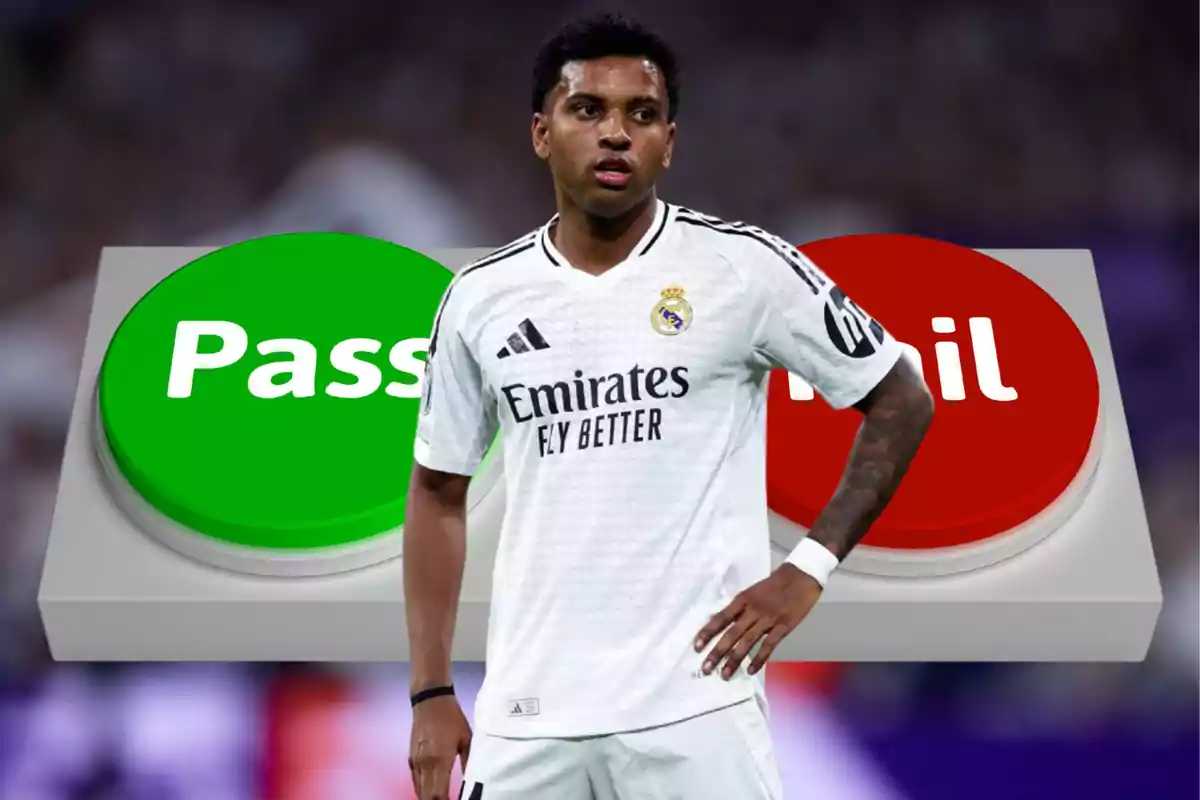 Futbolista del Real Madrid con fondo de botones grandes que dicen Pass y Fail