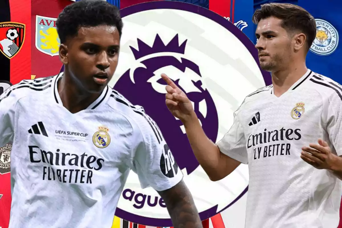 Jugadores del Real Madrid con el logo de la Premier League de fondo.