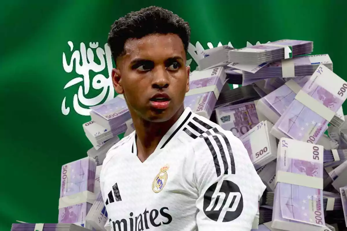 A soccer player wearing a Real Madrid jersey appears in front of a background of banknotes and a green flag with Arabic writing.