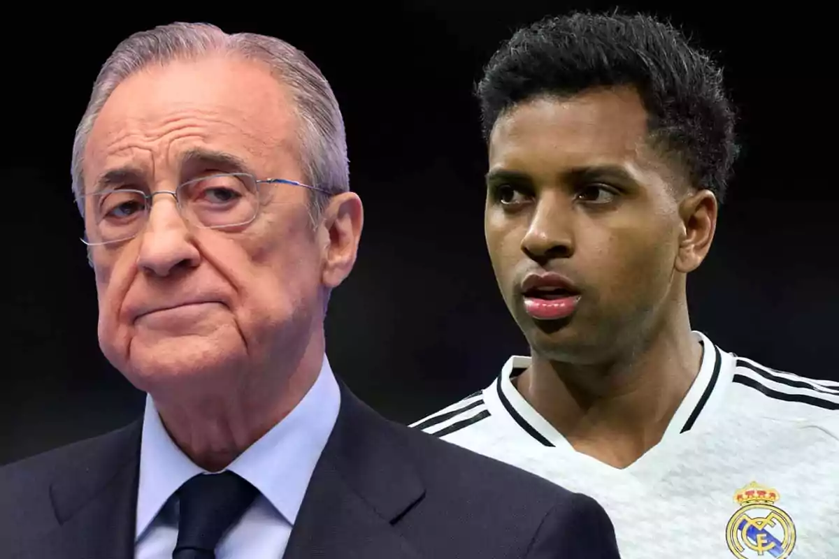An older man with glasses and a suit next to a player wearing a white Real Madrid jersey against a dark background