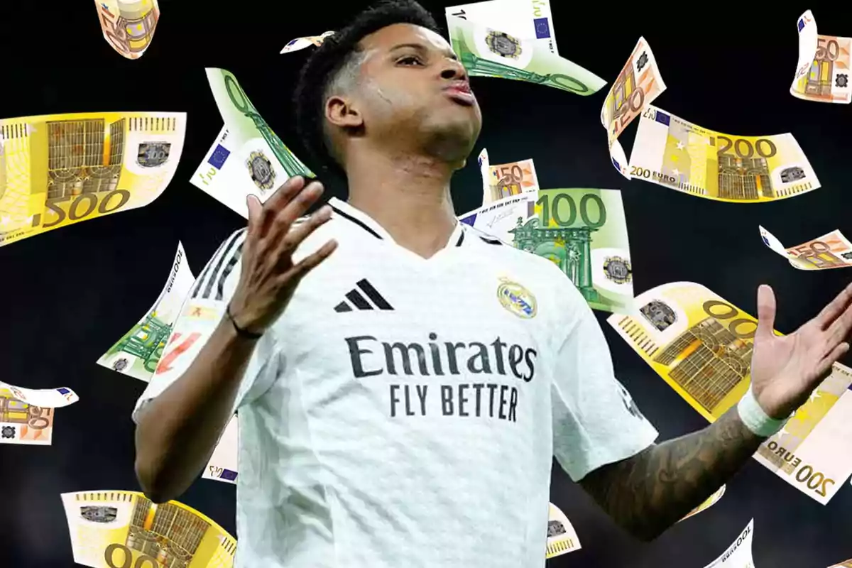 Un jugador de fútbol con la camiseta del Real Madrid está rodeado de billetes de euro flotando en el aire.