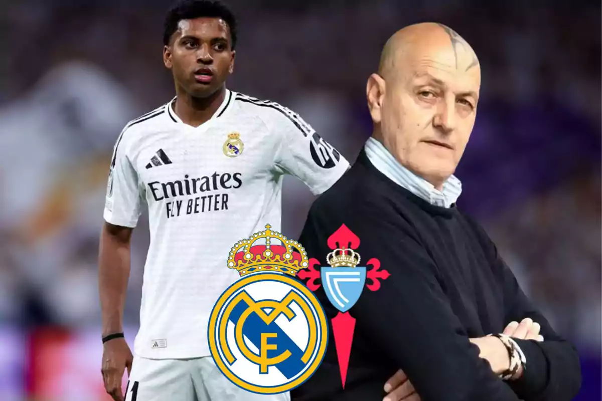 A player in a Real Madrid uniform and a bald man with a mark on his forehead are together, with the Real Madrid and Celta de Vigo crests overlaid on the image.