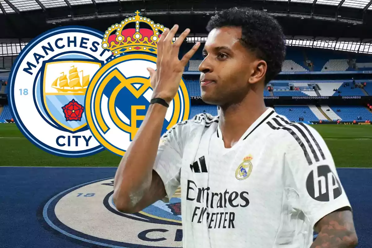 A player wearing a Real Madrid jersey in a stadium with Manchester City and Real Madrid logos in the background.