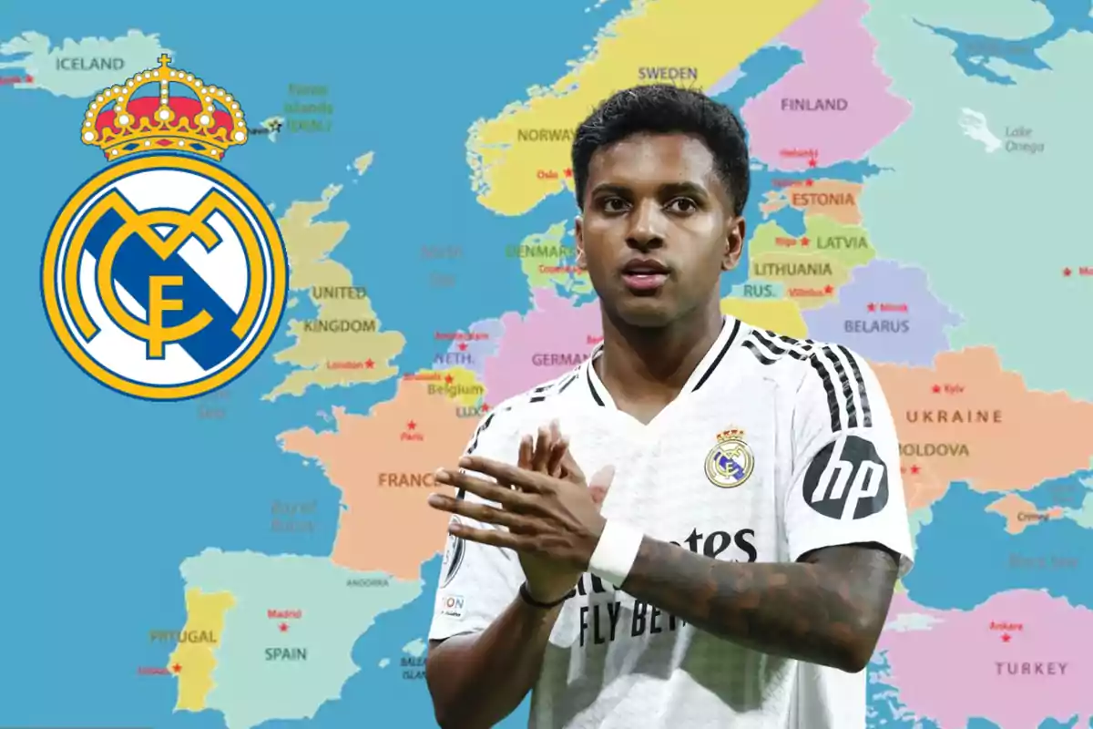 Soccer player in a Real Madrid uniform in front of a map of Europe and the team's crest.
