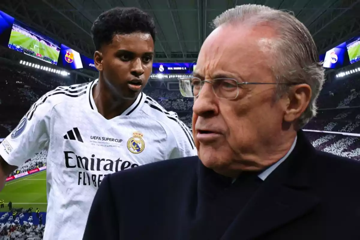 A Real Madrid player and a man in a suit appear in a soccer stadium full of fans.