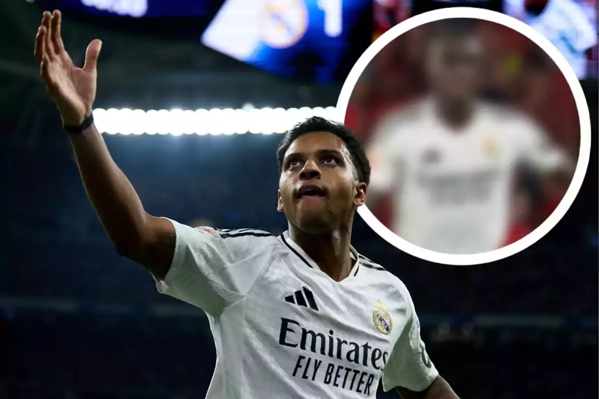 Un jugador de fútbol con la camiseta del Real Madrid celebra en el campo con el puño levantado, mientras en el fondo se ve un estadio iluminado y una imagen borrosa de otro jugador.
