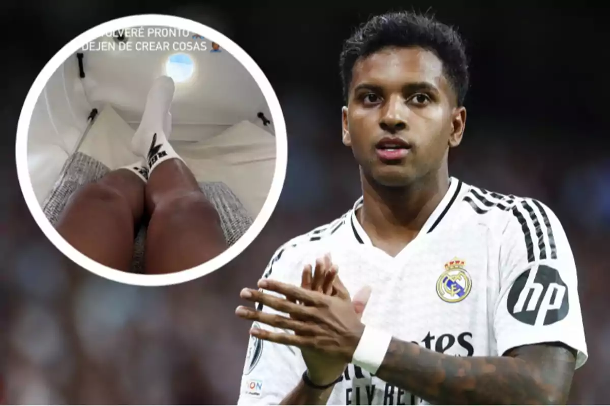 Jugador de fútbol con camiseta blanca aplaudiendo en el campo, con una imagen superpuesta de piernas descansando en una cápsula de recuperación.