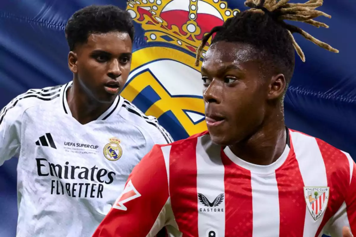 Dos jugadores de fútbol con uniformes de Real Madrid y Athletic Club frente a un fondo con el escudo del Real Madrid.