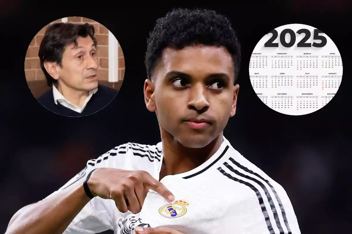 Un jugador de fútbol con la camiseta del Real Madrid señala el escudo, mientras en la esquina superior izquierda aparece un hombre y en la derecha un calendario del año 2025.