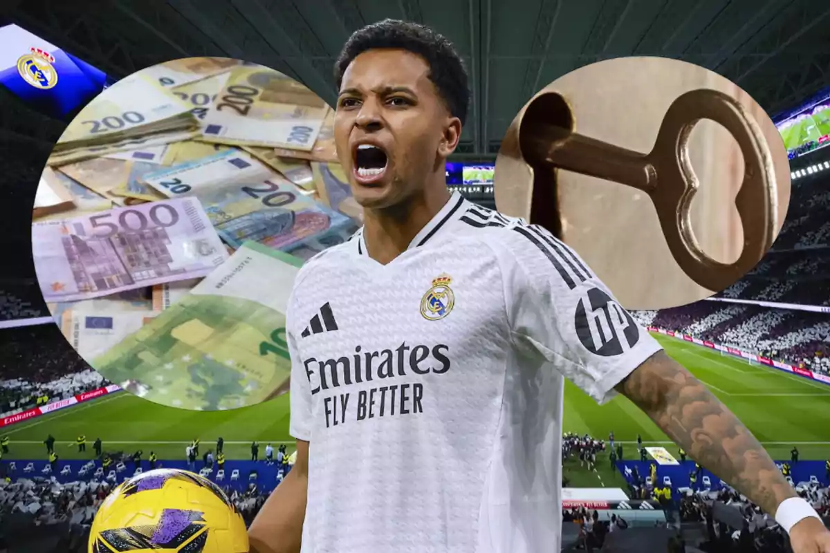A player wearing a Real Madrid jersey celebrates in a stadium with superimposed images of euro bills and a key.