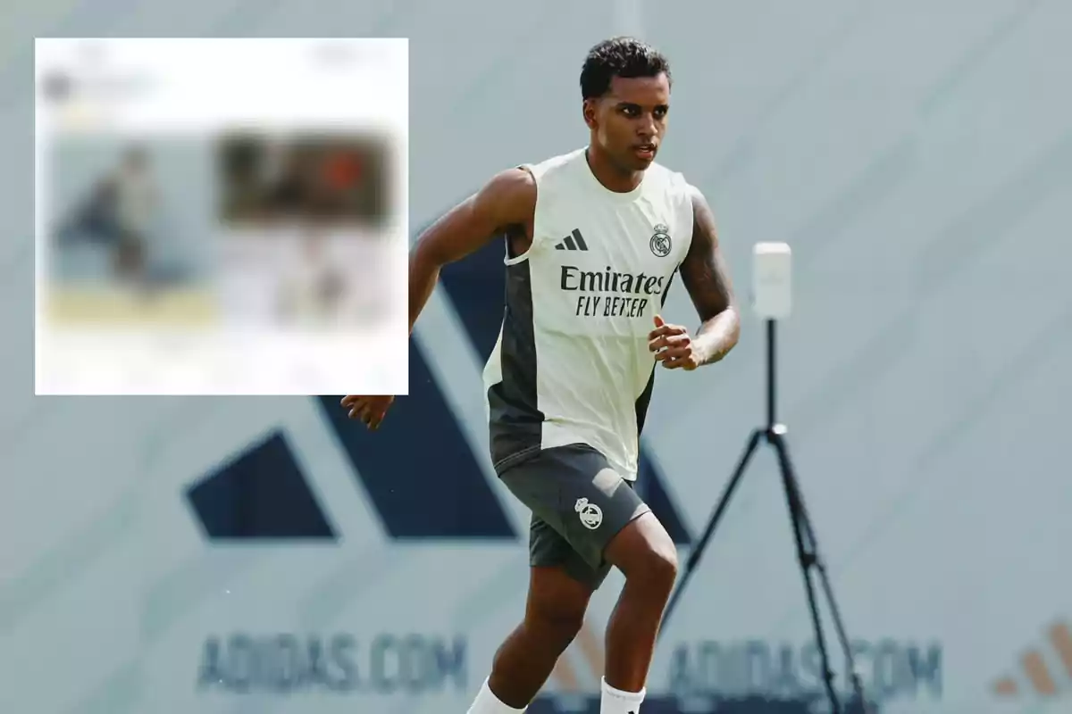 Real Madrid player training on the field wearing a training kit with an Adidas advertising background