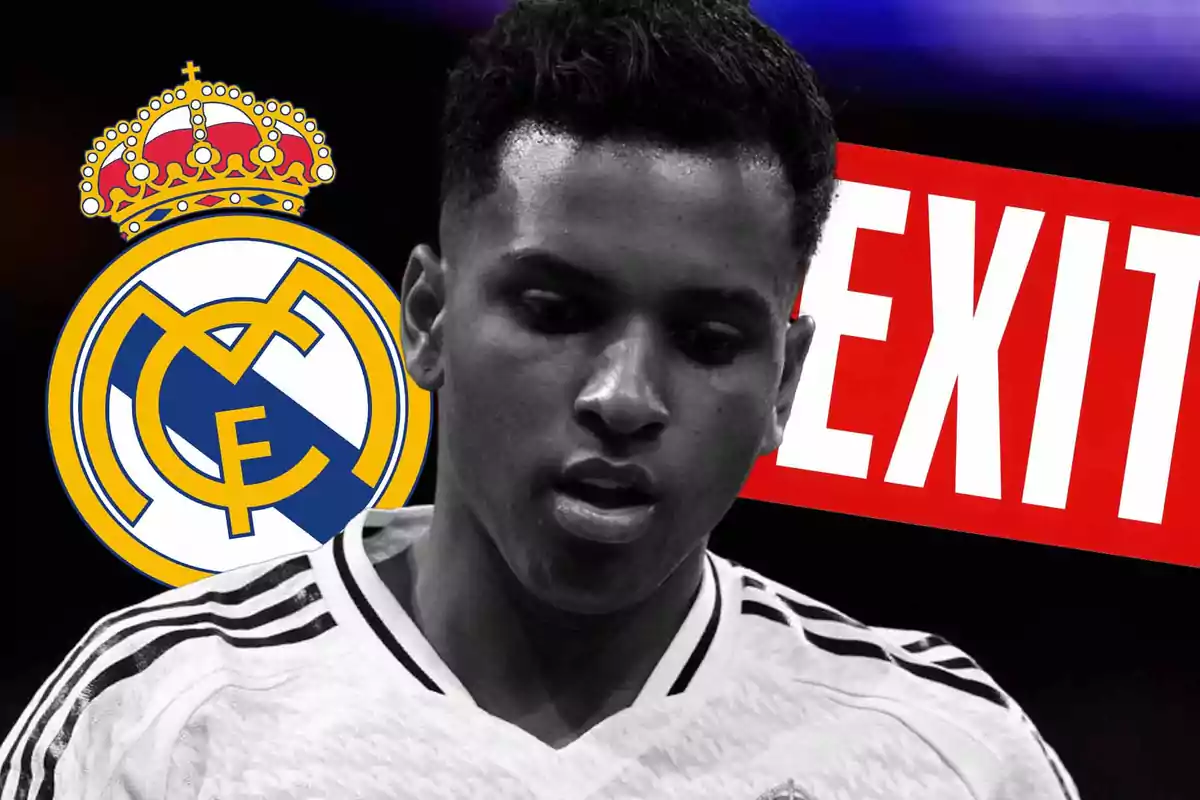 Un jugador de fútbol con la camiseta del Real Madrid aparece en primer plano con el logo del club y la palabra "EXIT" en el fondo.