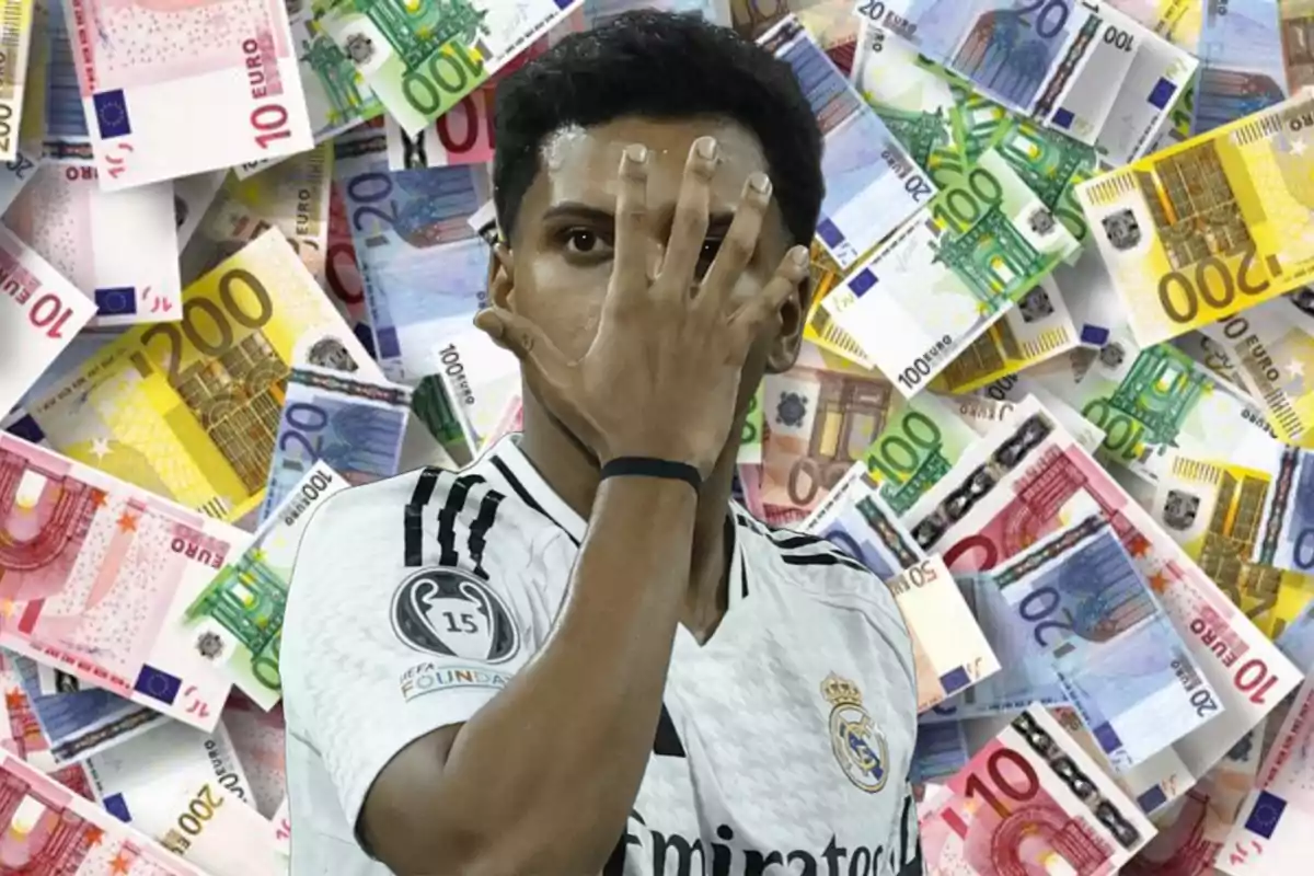 A player in a white uniform partially covers his face with his hand, while euro bills are seen in the background.