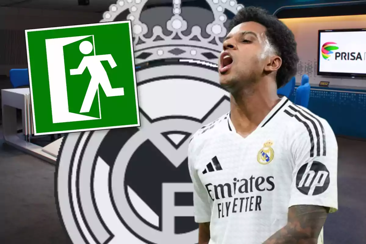 Un jugador de fútbol con la camiseta del Real Madrid aparece en primer plano con un símbolo de salida de emergencia superpuesto y el logo del club en el fondo.