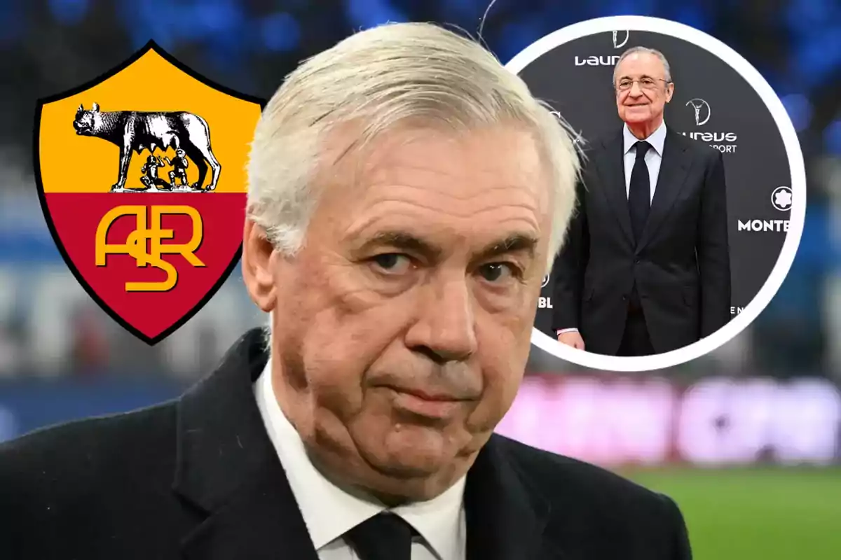 A gray-haired man with a serious expression, with the AS Roma emblem next to him and an older man in a circle in the background.