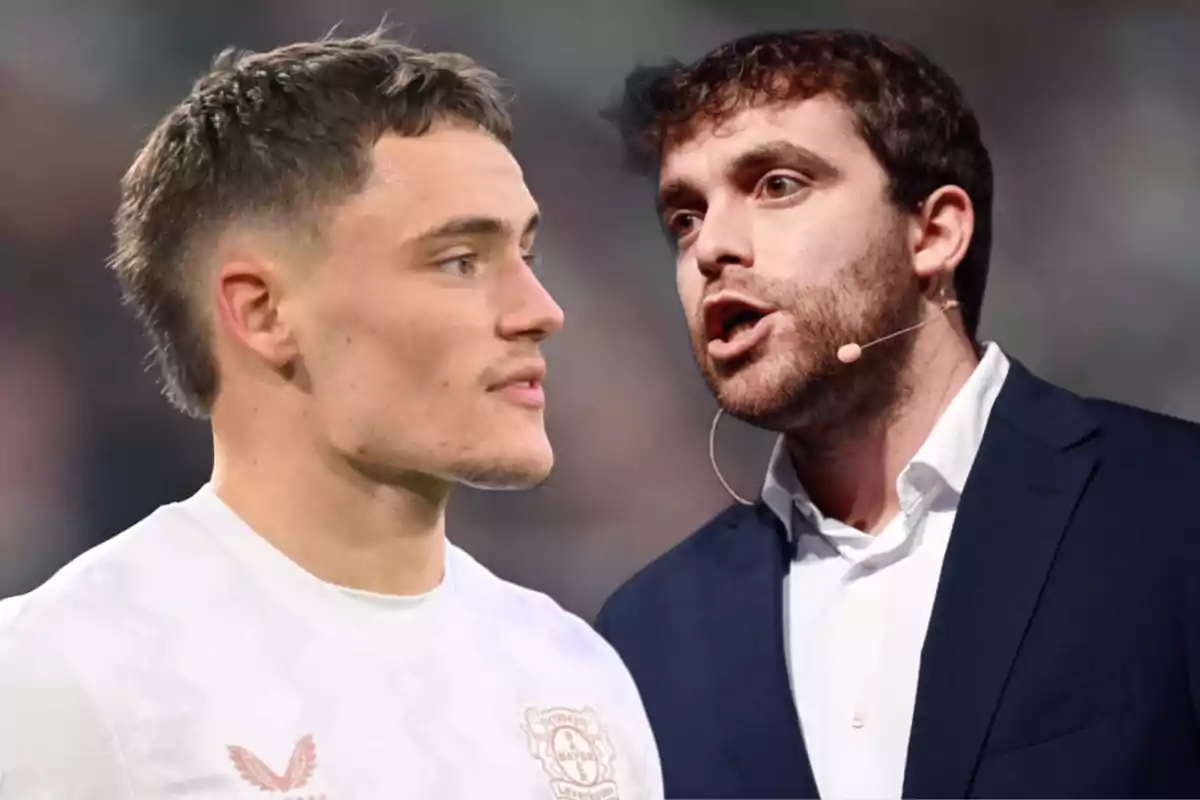 Dos hombres de perfil, uno con camiseta blanca y el otro con traje oscuro y micrófono.