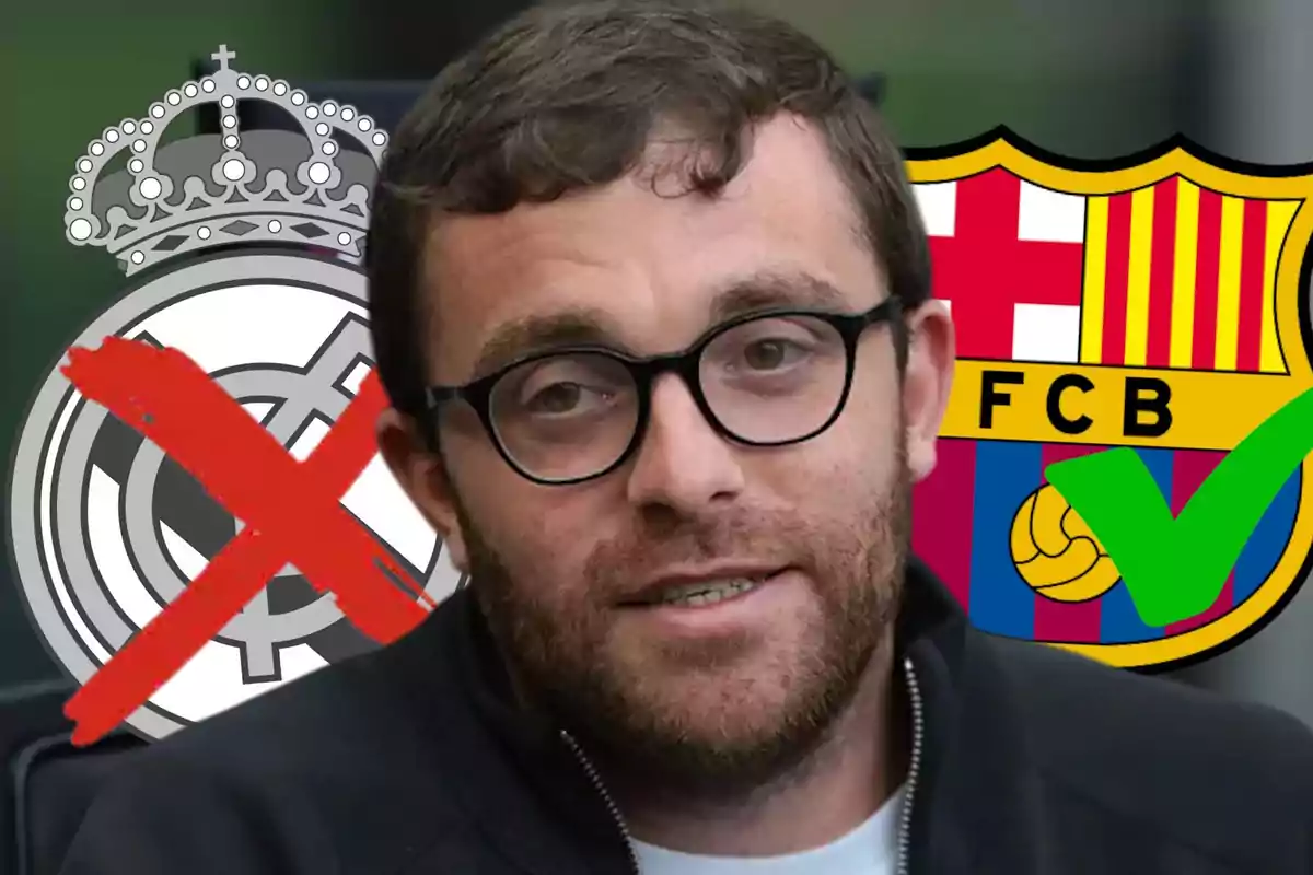 Man with glasses in the center, behind him the Real Madrid crest crossed out with a red X and the Barcelona crest with a green dove.