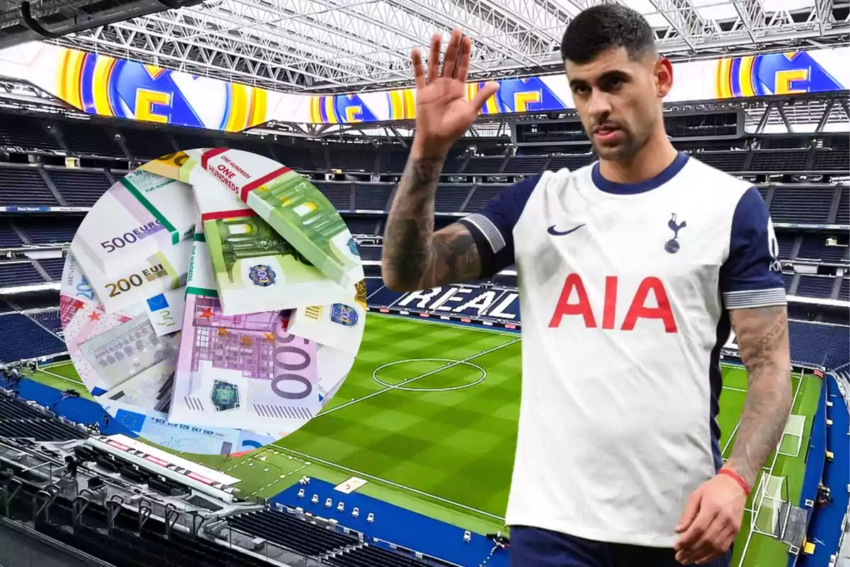 Un jugador de fútbol con uniforme del Tottenham saluda en un estadio con un logotipo de Real Madrid en el fondo y un montaje de billetes de euro.