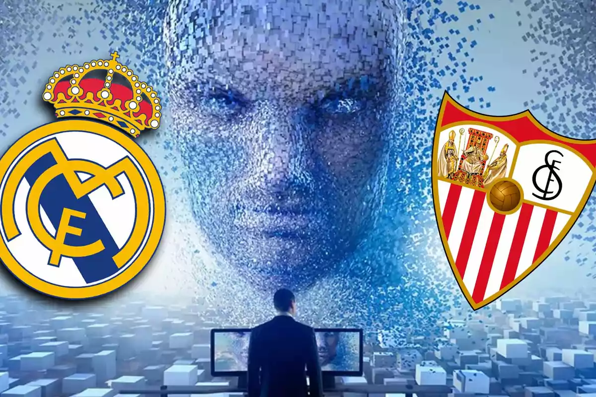 Un hombre de espaldas observa una pantalla con una figura digital azul y los escudos de los equipos de fútbol Real Madrid y Sevilla.