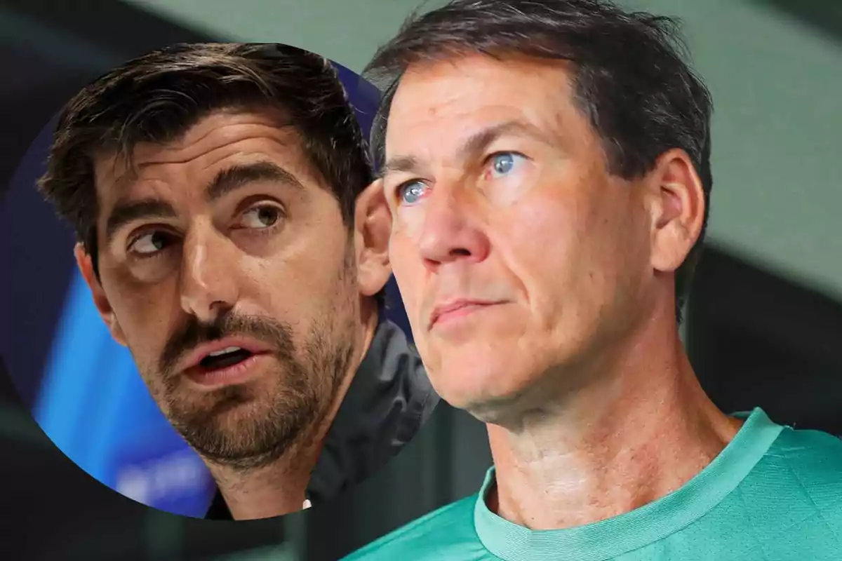 Two men looking in opposite directions with serious expressions.
