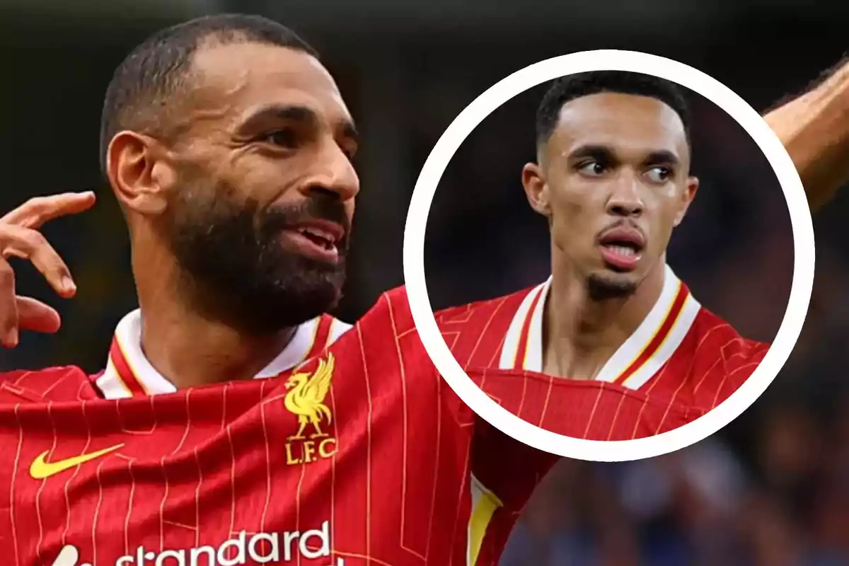 Two players in red Liverpool jerseys, one in the foreground smiling and the other in a circular inset.