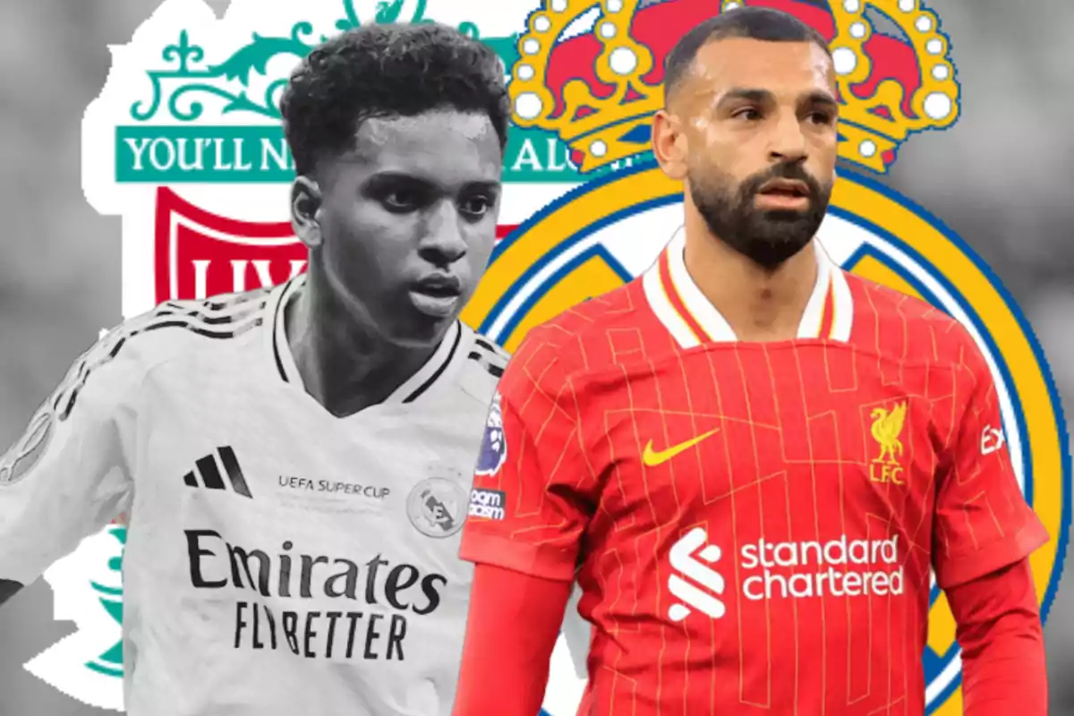 Two soccer players wearing Real Madrid and Liverpool jerseys, with the crests of both teams in the background.