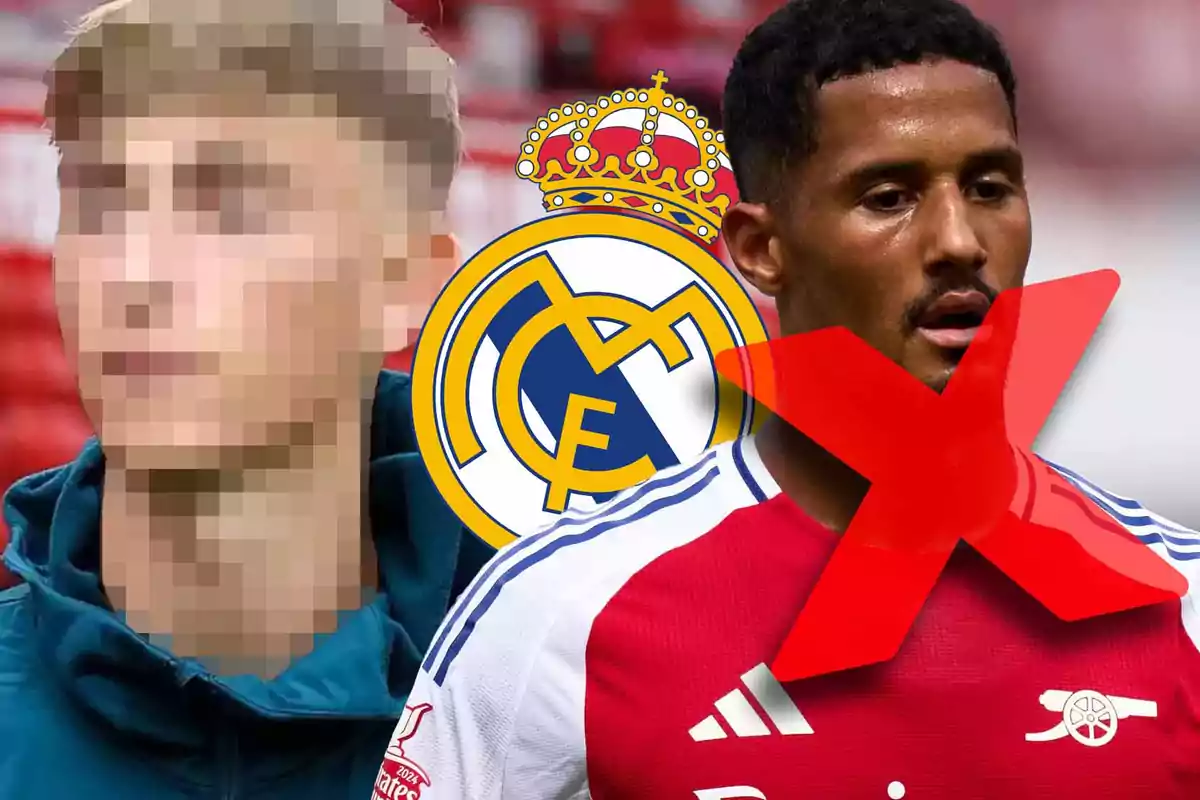 Un jugador con camiseta roja y un gran símbolo de "X" roja sobre él, junto a una imagen pixelada de otra persona, con el escudo del Real Madrid en el fondo.