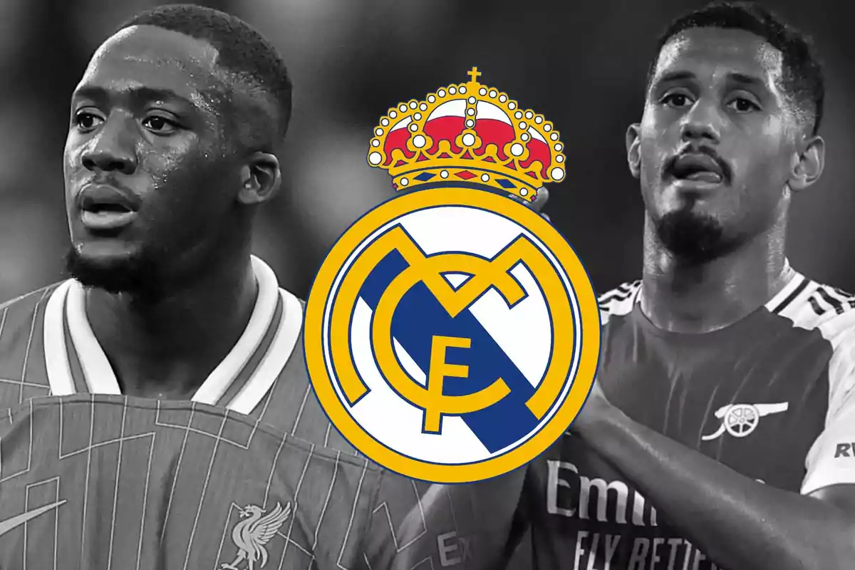 Two players in black and white with the Real Madrid crest superimposed in the center.