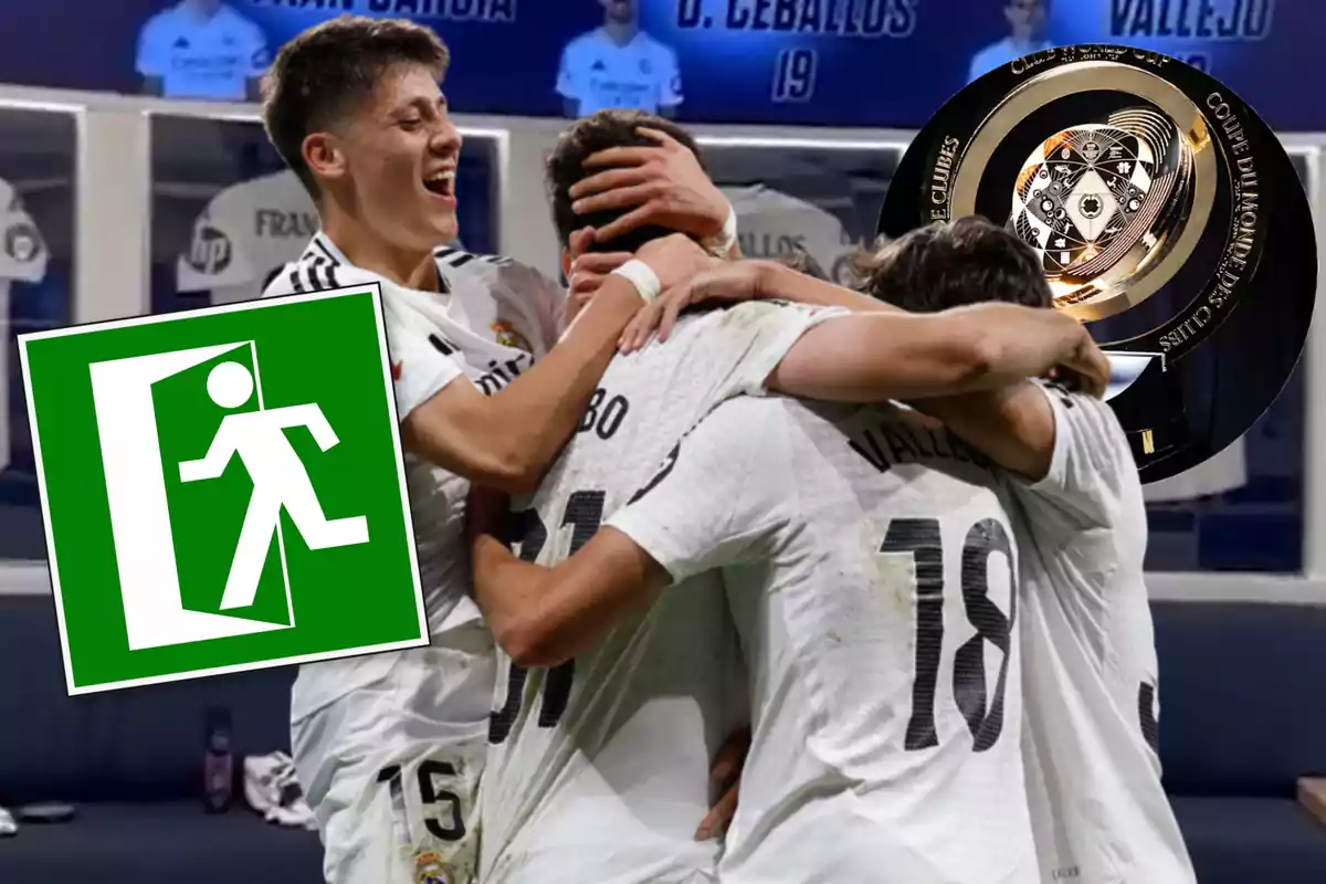 Jugadores de fútbol celebrando un gol con un trofeo y un símbolo de salida de emergencia superpuestos.