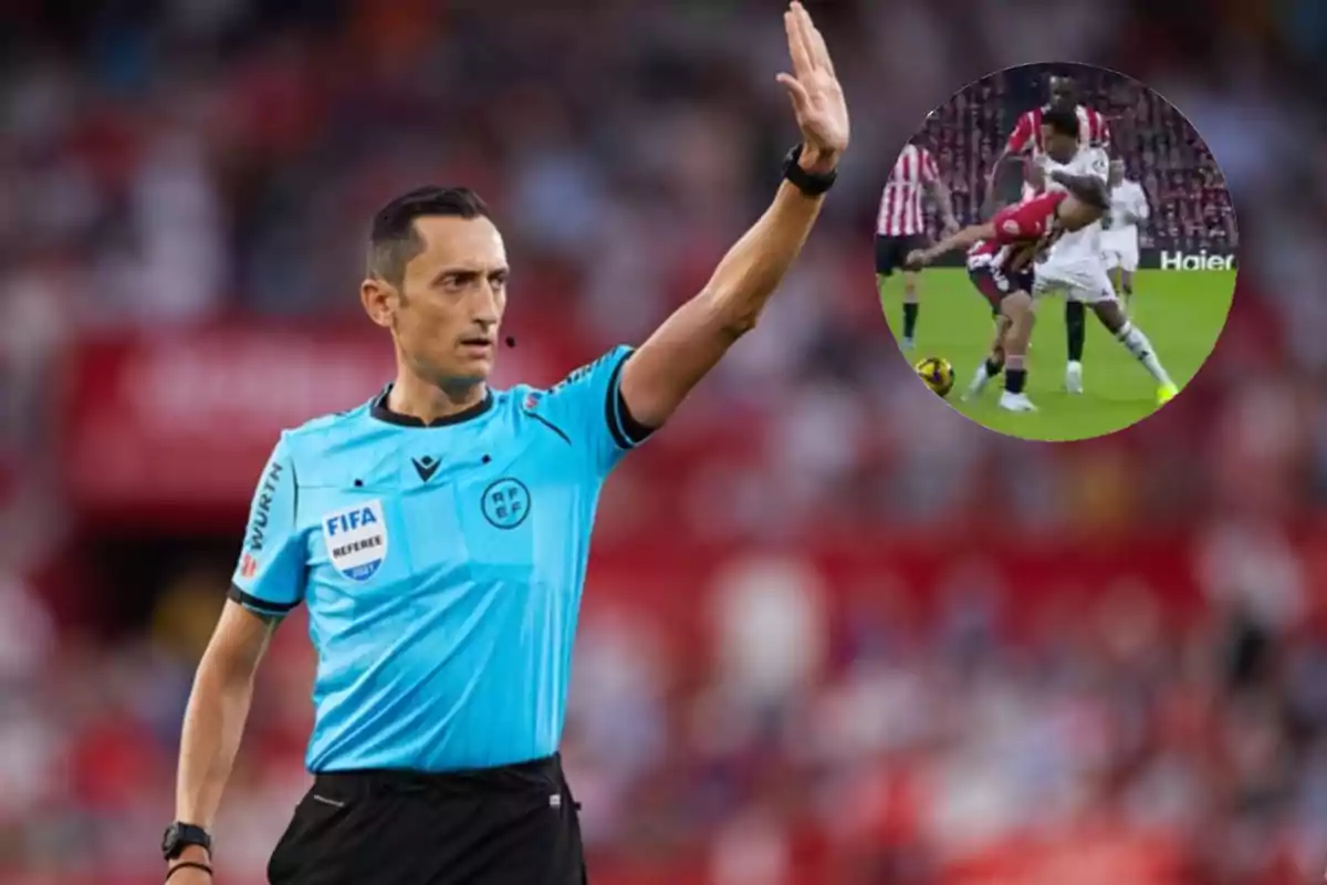 A soccer referee on the field raising his hand with an inserted image of a play between two players.