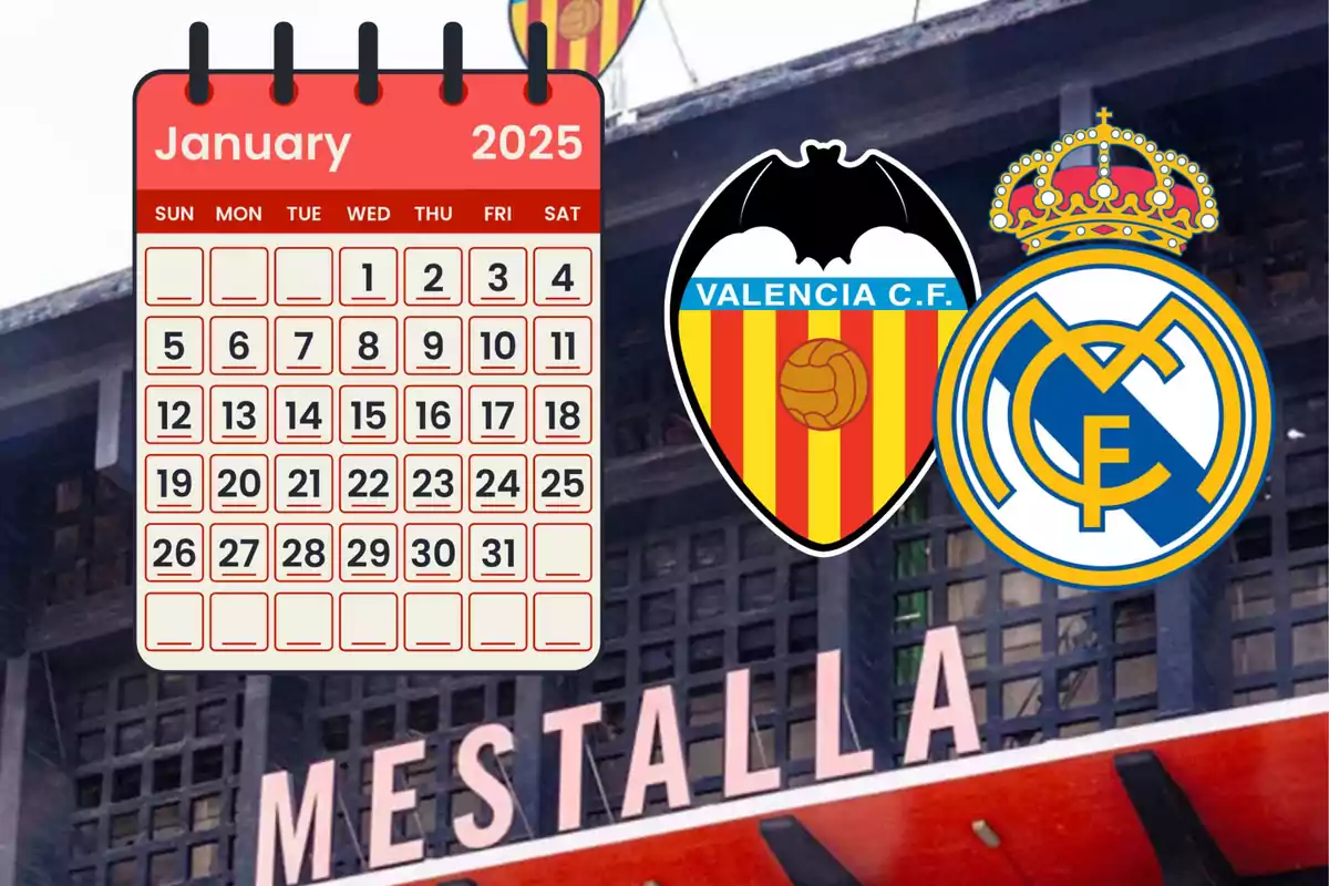 Calendario de enero de 2025 con los escudos de Valencia C.F. y Real Madrid sobre el fondo del estadio Mestalla.