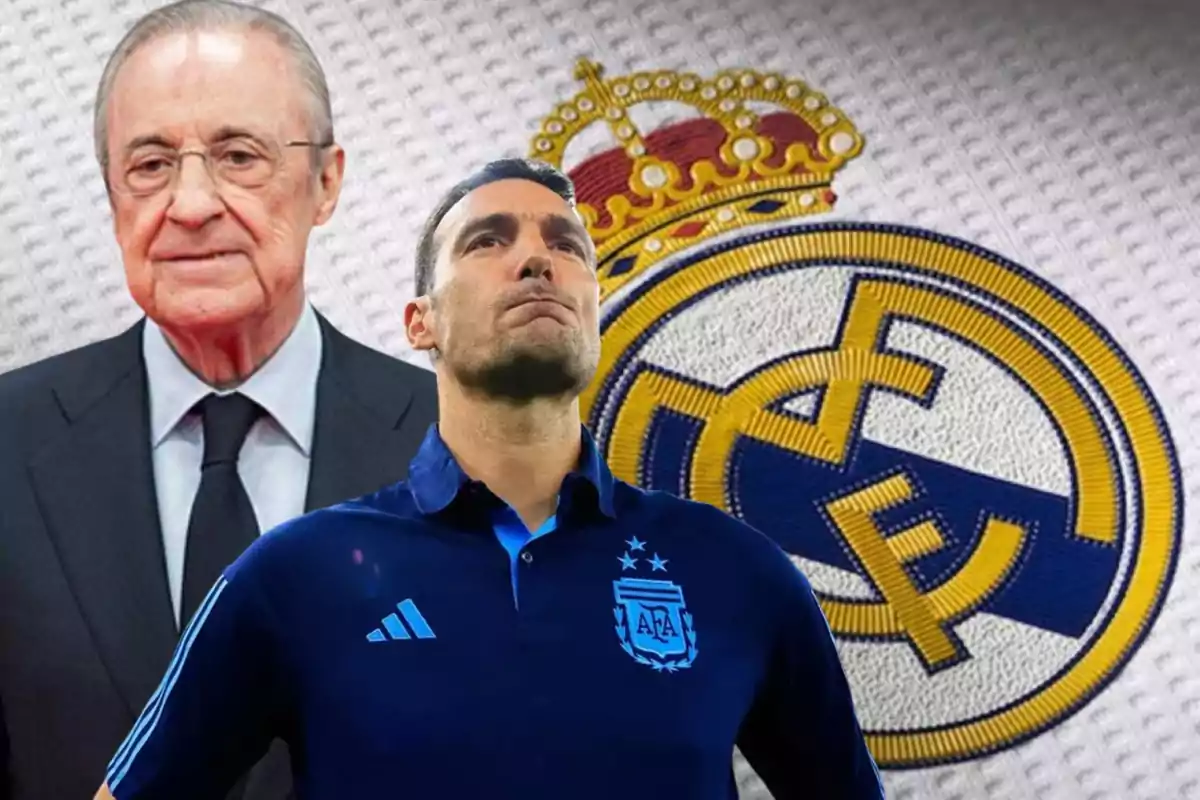 Two men pose in front of a soccer team crest.